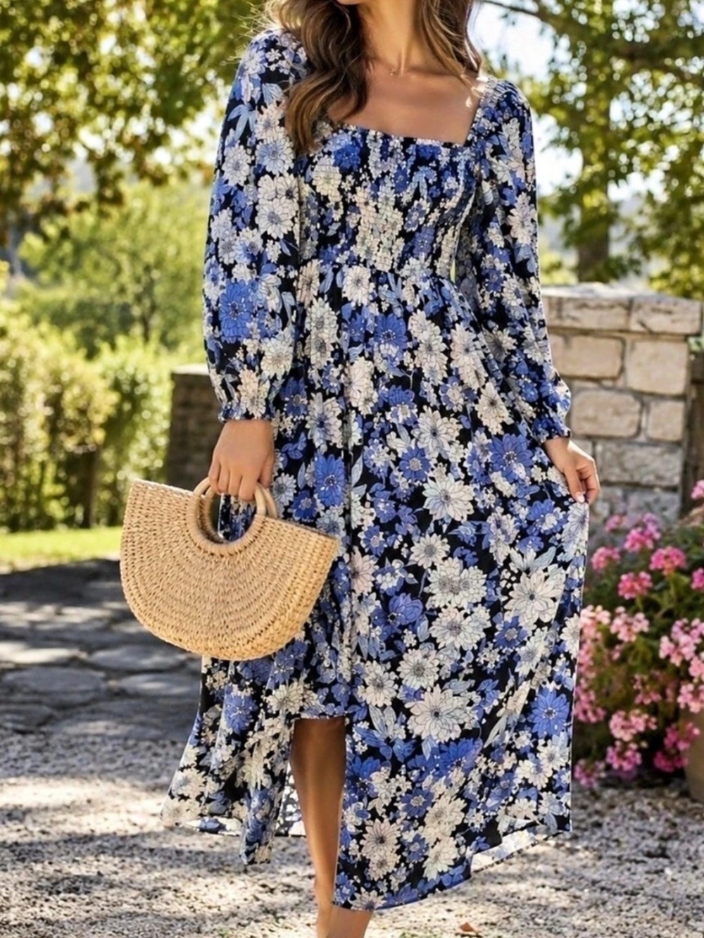 J.Crew Smocked Long-Sleeve Midi Dress in Blue Floral Blue & Black Medium